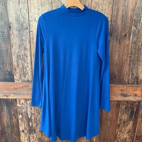 Zenna Premium Sz S Royal Blue Mock Neck Long Sleeve Swing Dress - Picture 3 of 10
